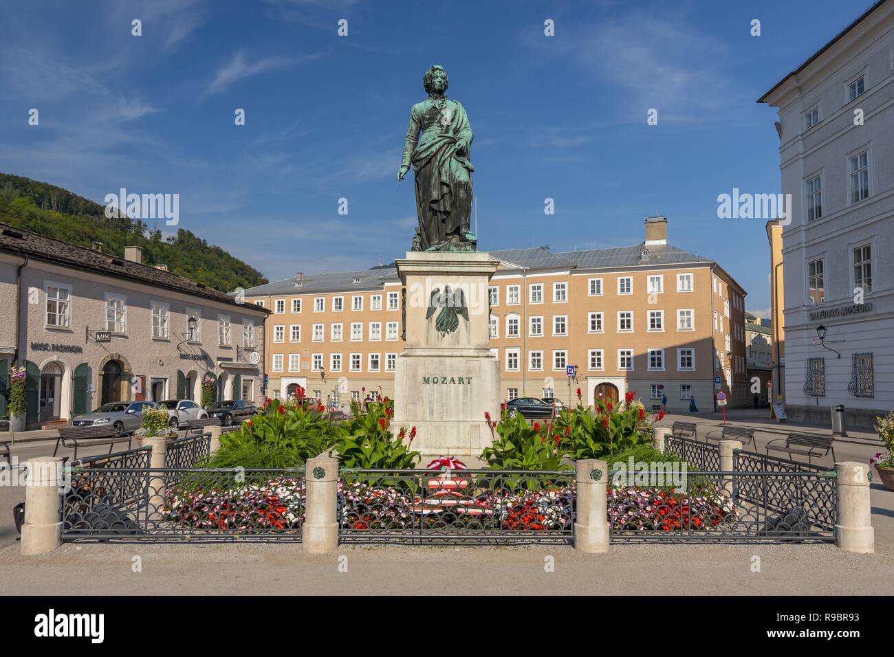 Wolfgang Amadeus Mozart monument statue at the Mozartplatz square in