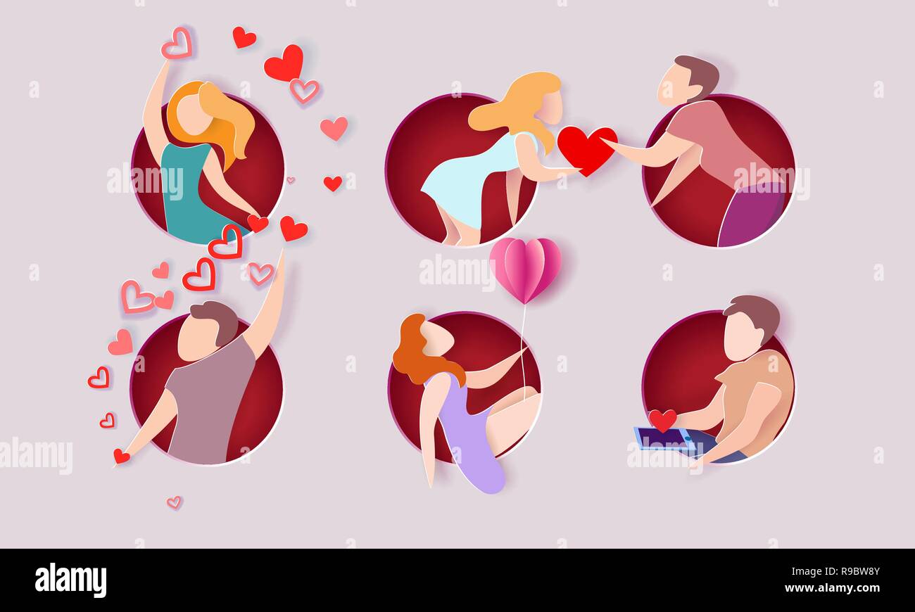 Valentines day card. Men, women and hearts in round hole. Vector illustration. Paper cut and craft style. Stock Vector