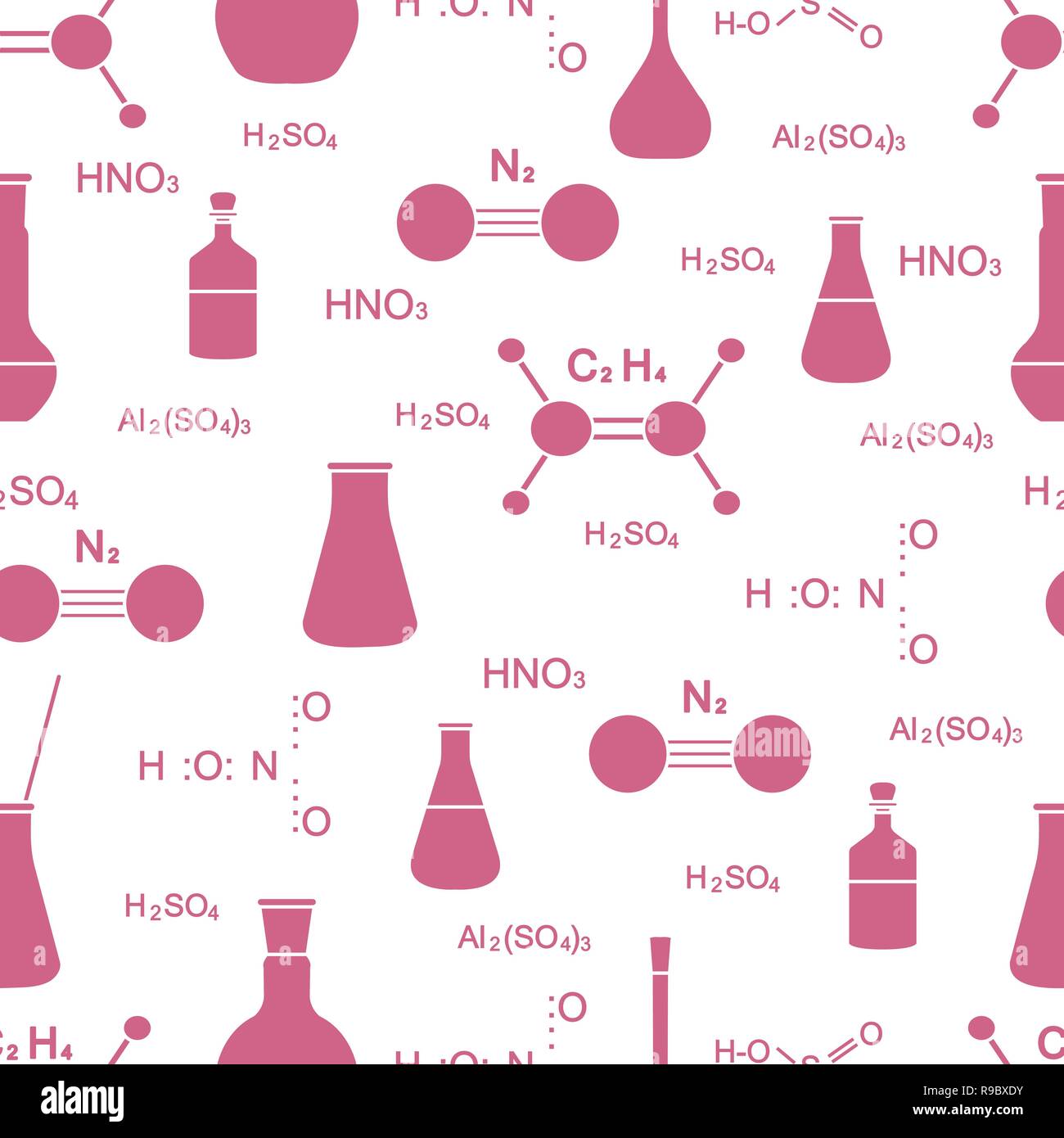 Scientific vector seamless pattern with flasks, beakers, molecule ...