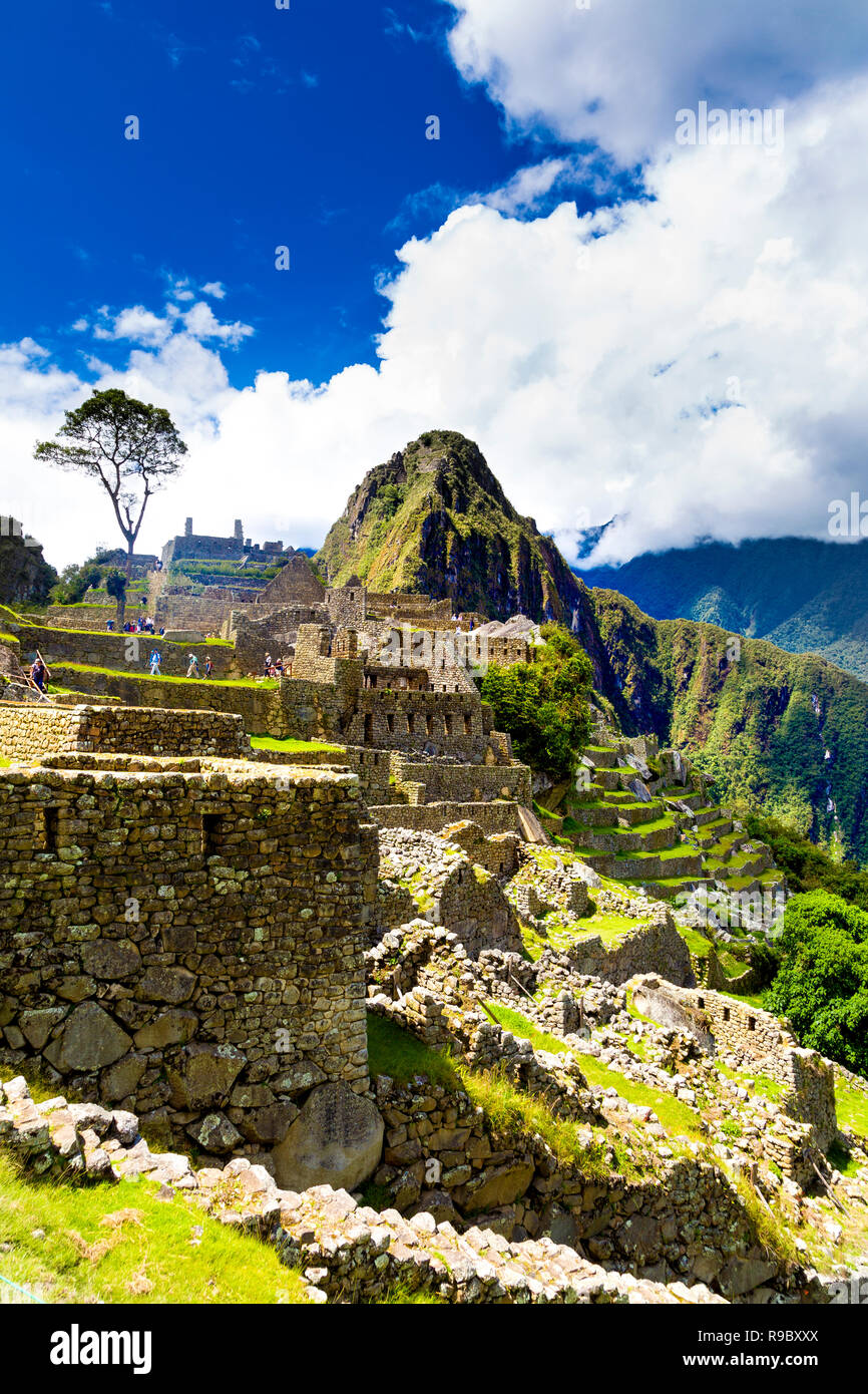 View of ancient Inca city of Machu Picchu and overlooking mountain Huayna Picchu, Sacred Valley, Peru Stock Photo