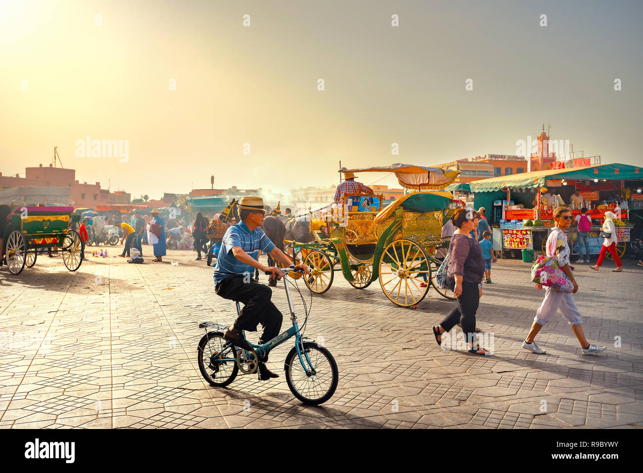 Street scene on famous market square Djemaa el Fna at Marrakesh's Medina quarter. Marrakesh, Morocco, North Africa Stock Photo