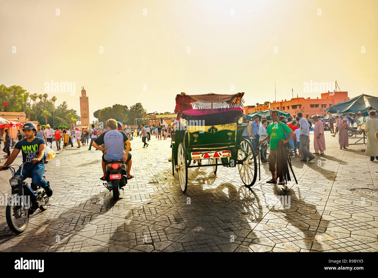 Street scene on famous market square Djemaa el Fna at Marrakesh's Medina quarter. Marrakesh, Morocco, North Africa Stock Photo