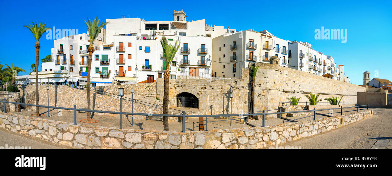 Panoramic cityscape with residential houses and fortified wall in old town Peniscola. Province of  Castellon, Spain Stock Photo