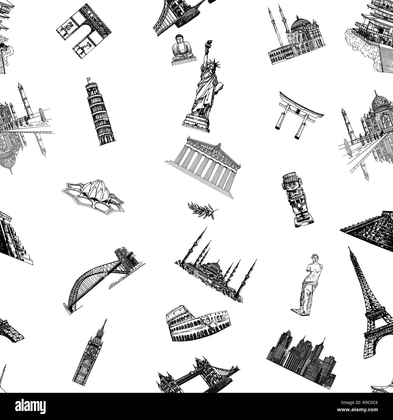 Seamless pattern of hand drawn sketch style world's famous landmarks and sights isolated on white background. Vector illustration. Stock Vector