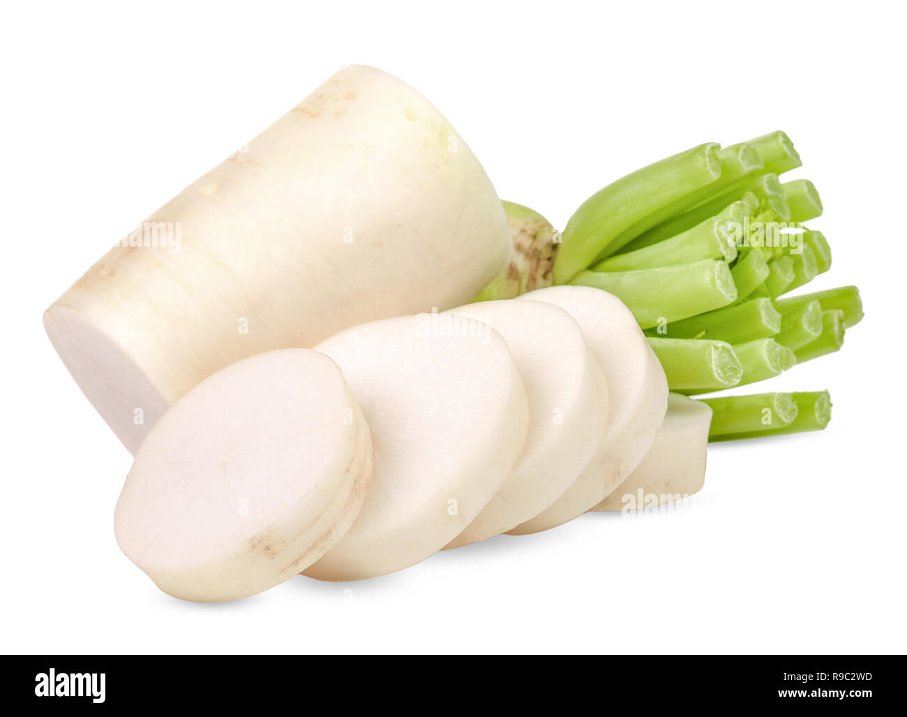 Daikon radish isolated on white clipping path. Stock Photo