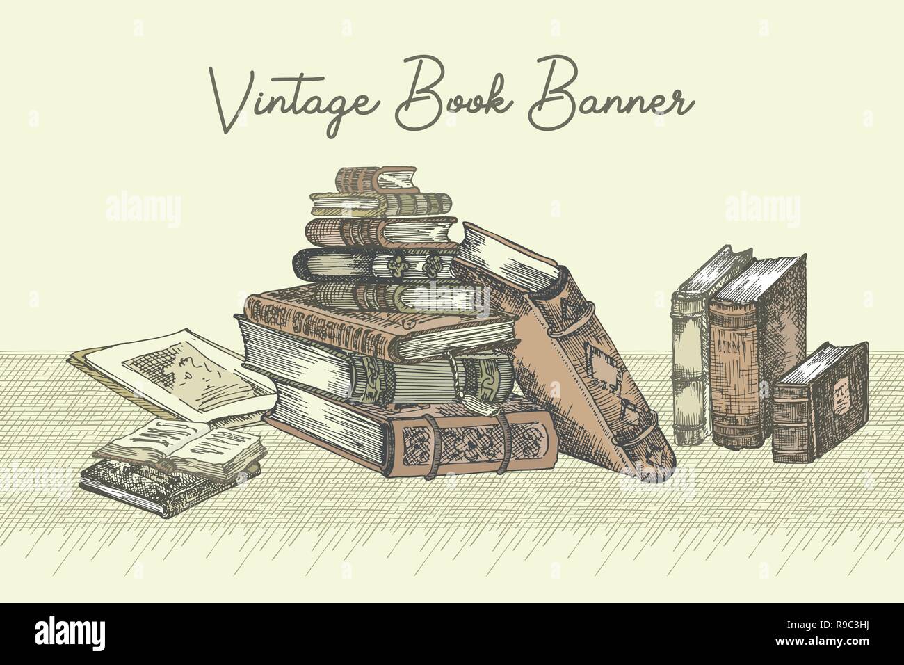 Banner with hand drawing sketch books. Concept vintage design for fair or festival flyer, paper, banner, school library retro poster, bookshop advertising in engraving style Stock Vector