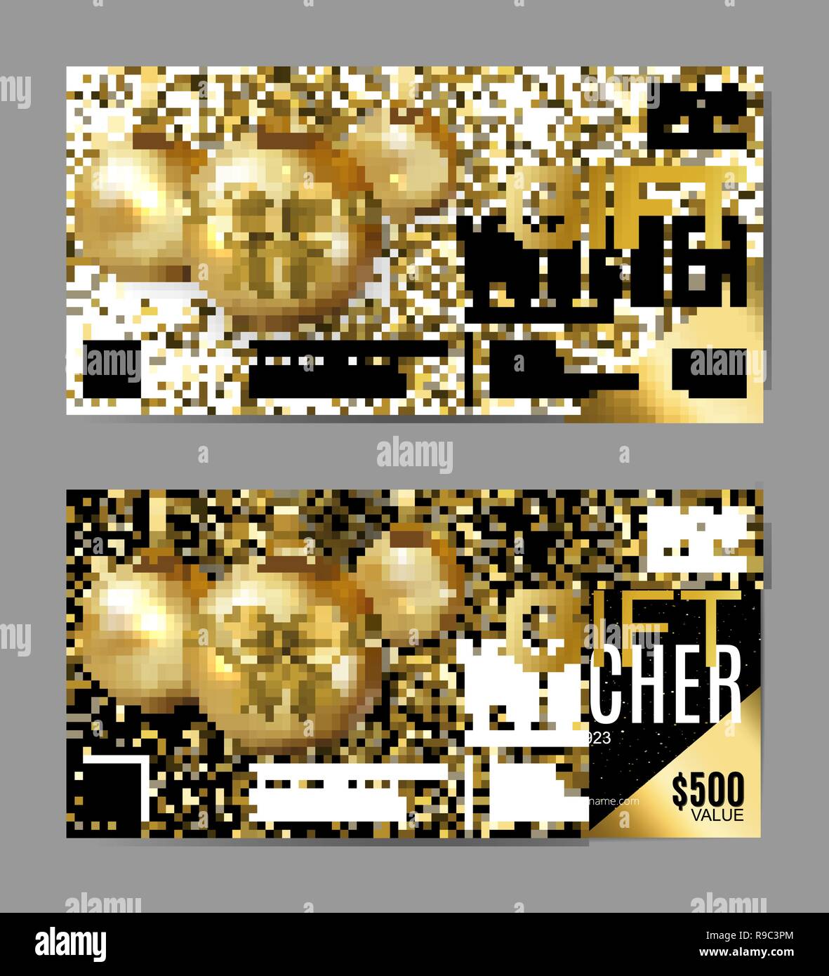 Vector gift voucher template with christmas balls. Golden, black and ...