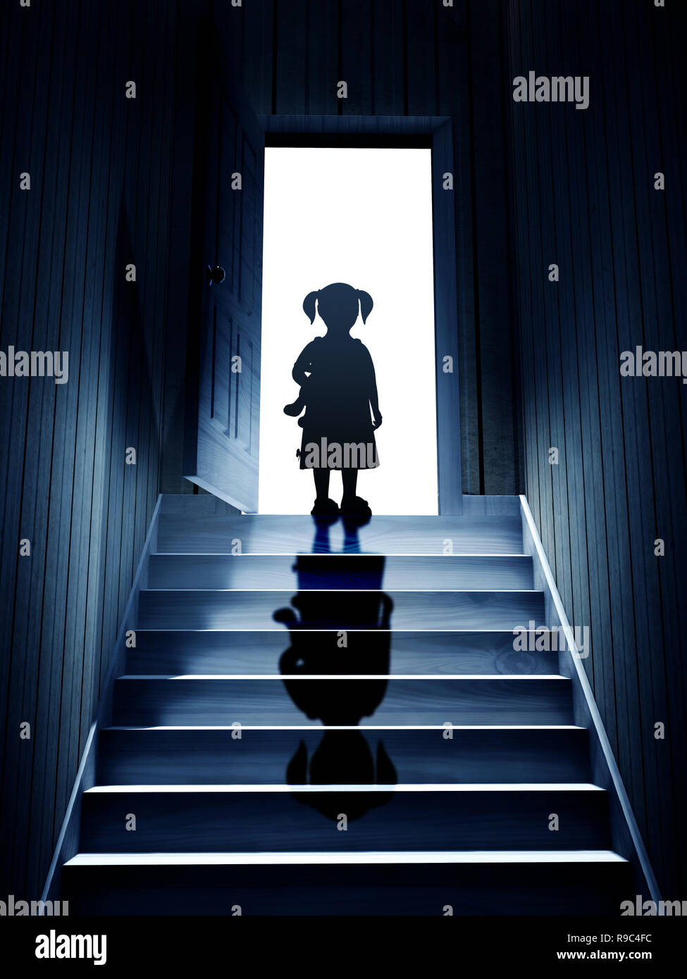 Little girl on steps leading from a dark basement to open the door. 3d render Stock Photo