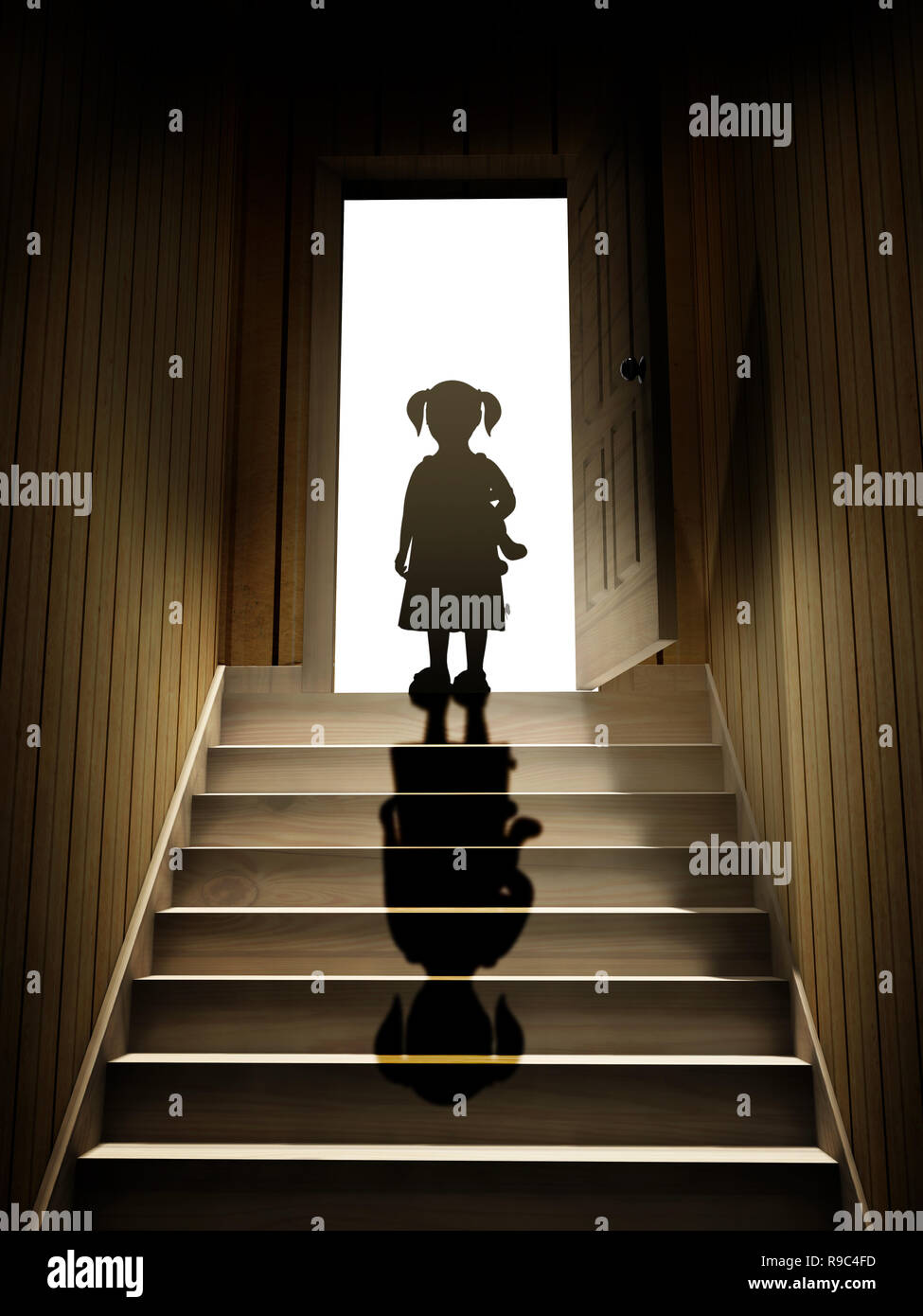 Little girl on steps leading from a dark basement to open the door. 3d render Stock Photo