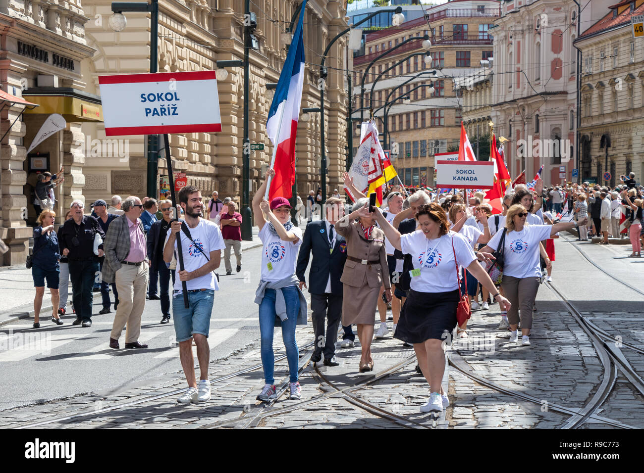 PRAGUE, CZECH REPUBLIC - JULY 1, 2018: Visitors from Paris parading at Sokolsky Slet, a once-every-six-years gathering of the Sokol movement - a Czech Stock Photo