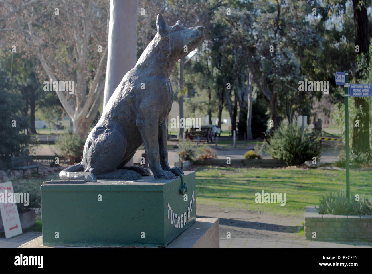 The dog on a tuckerbox is a tribute to the pioneers on australia. s Stock Photo