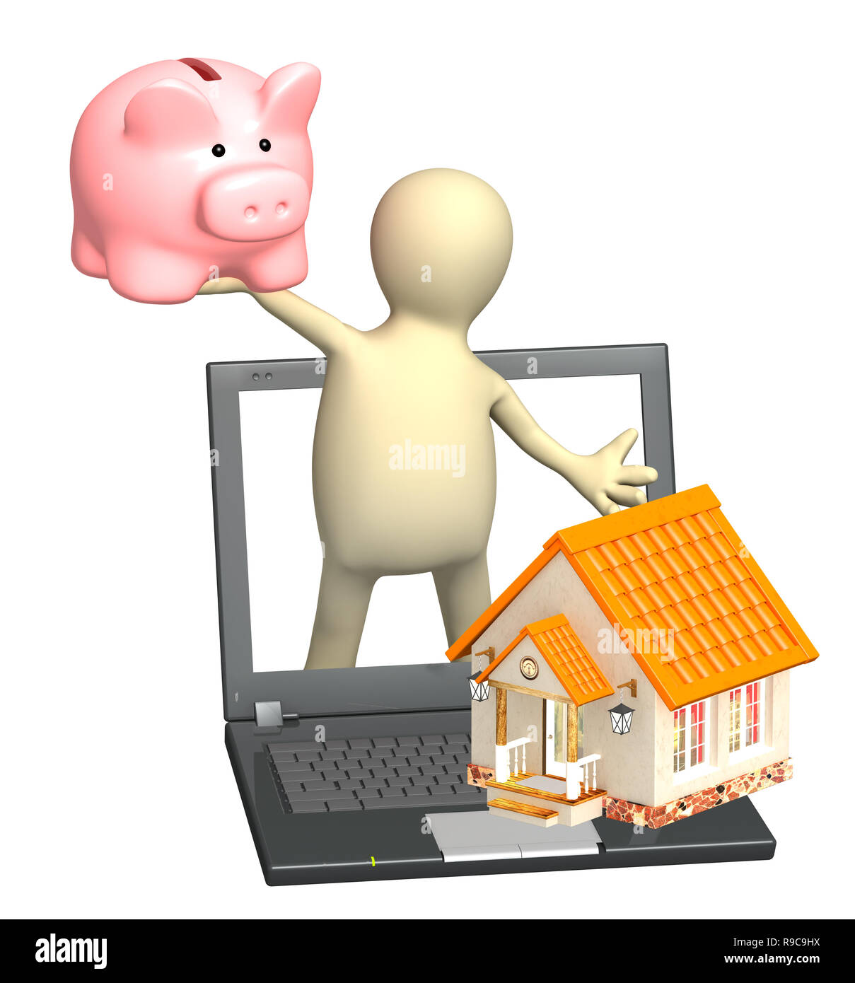 Puppet with piggy bank and house. Isolated over white Stock Photo