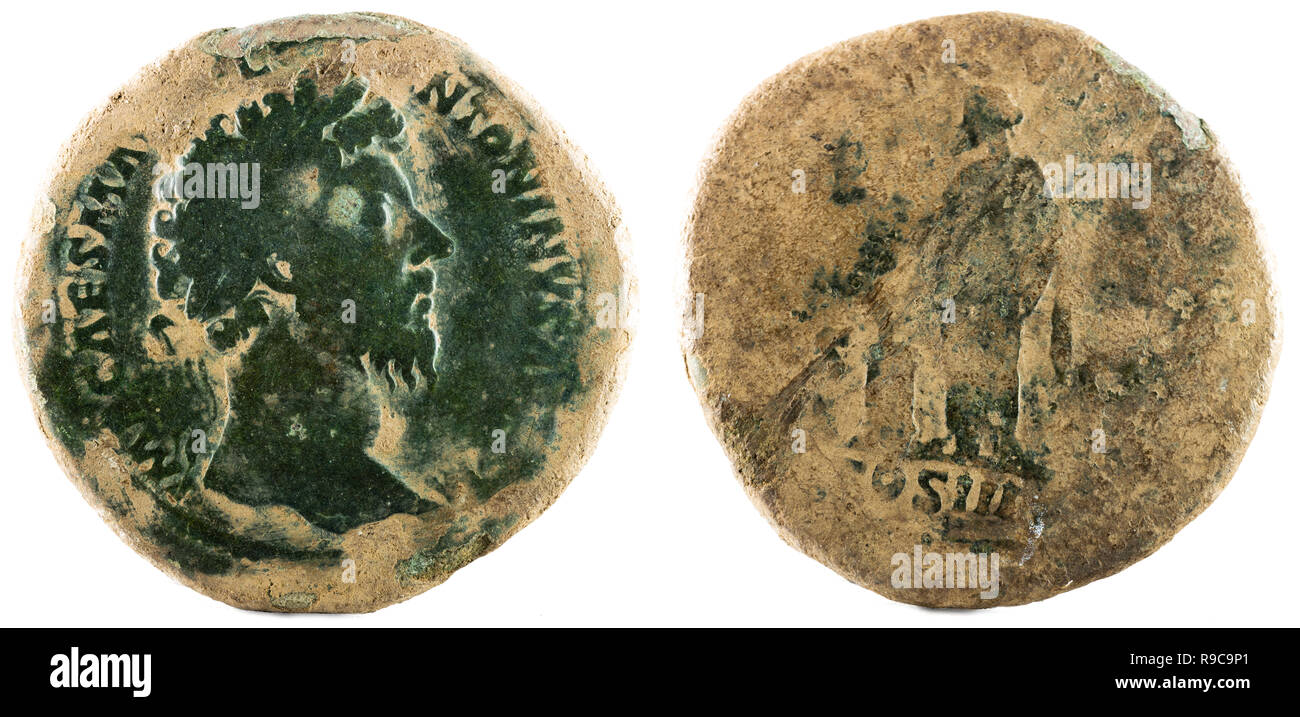 Ancient Roman bronze sertertius coin of Emperor Marcus Aurelius. Stock Photo