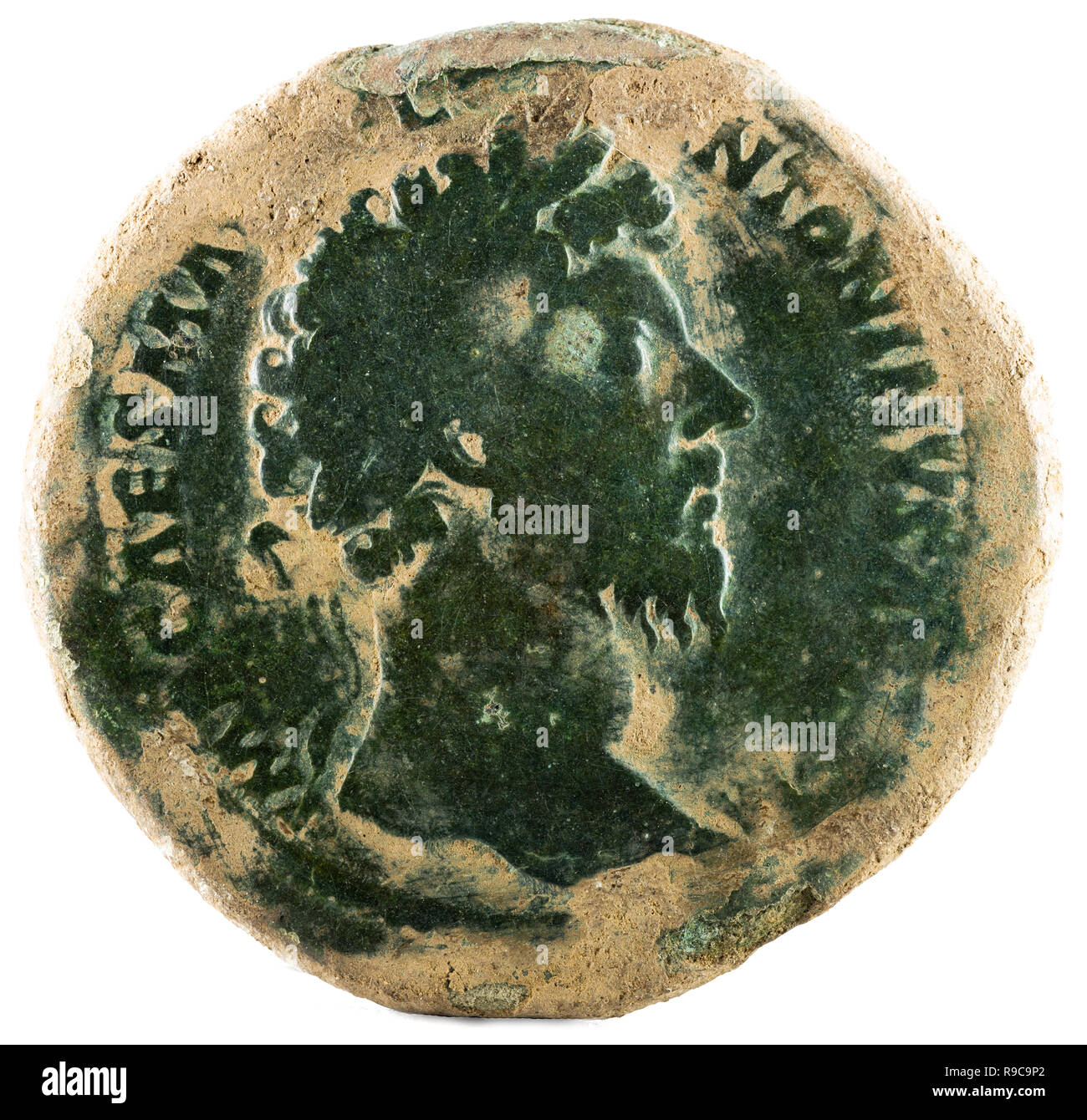 Ancient Roman bronze sertertius coin of Emperor Marcus Aurelius. Obverse. Stock Photo