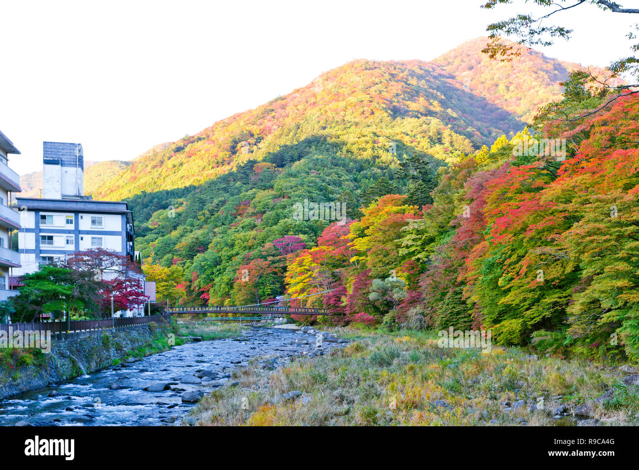 Suspension Bridge at Shiobara onsen in Autunm Stock Photo