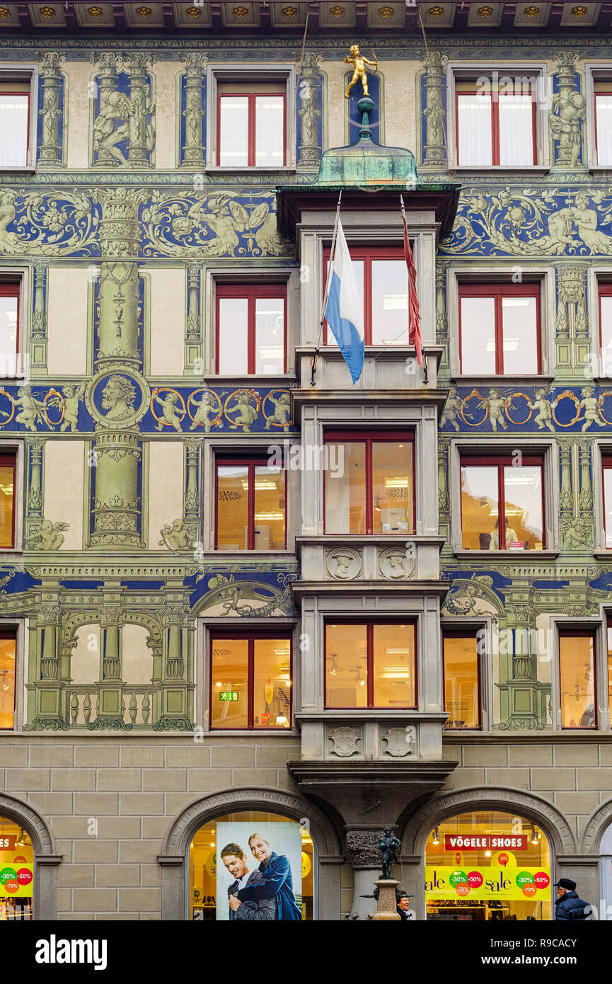 Decorated house with frescoes at Hirschenplatz in Lucerne, Switzerland