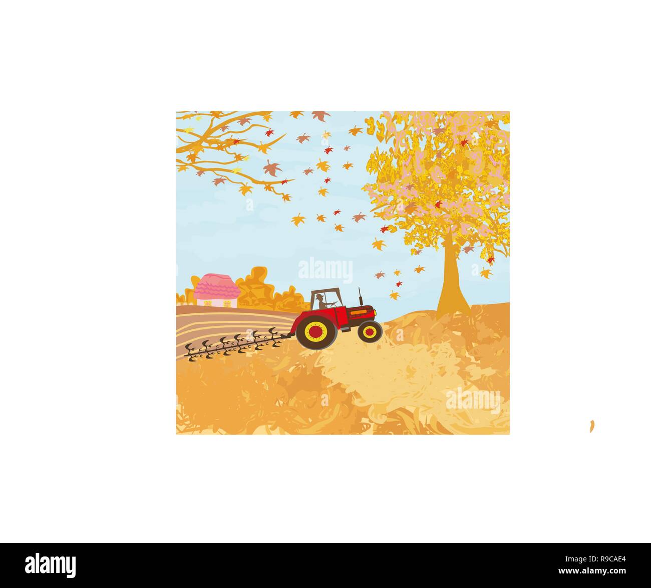 Tractor plowing field in autumn Stock Vector