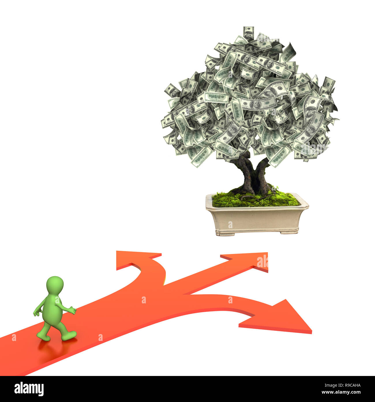 3d money tree with dollar banknotes and three bound arrows of red color ...