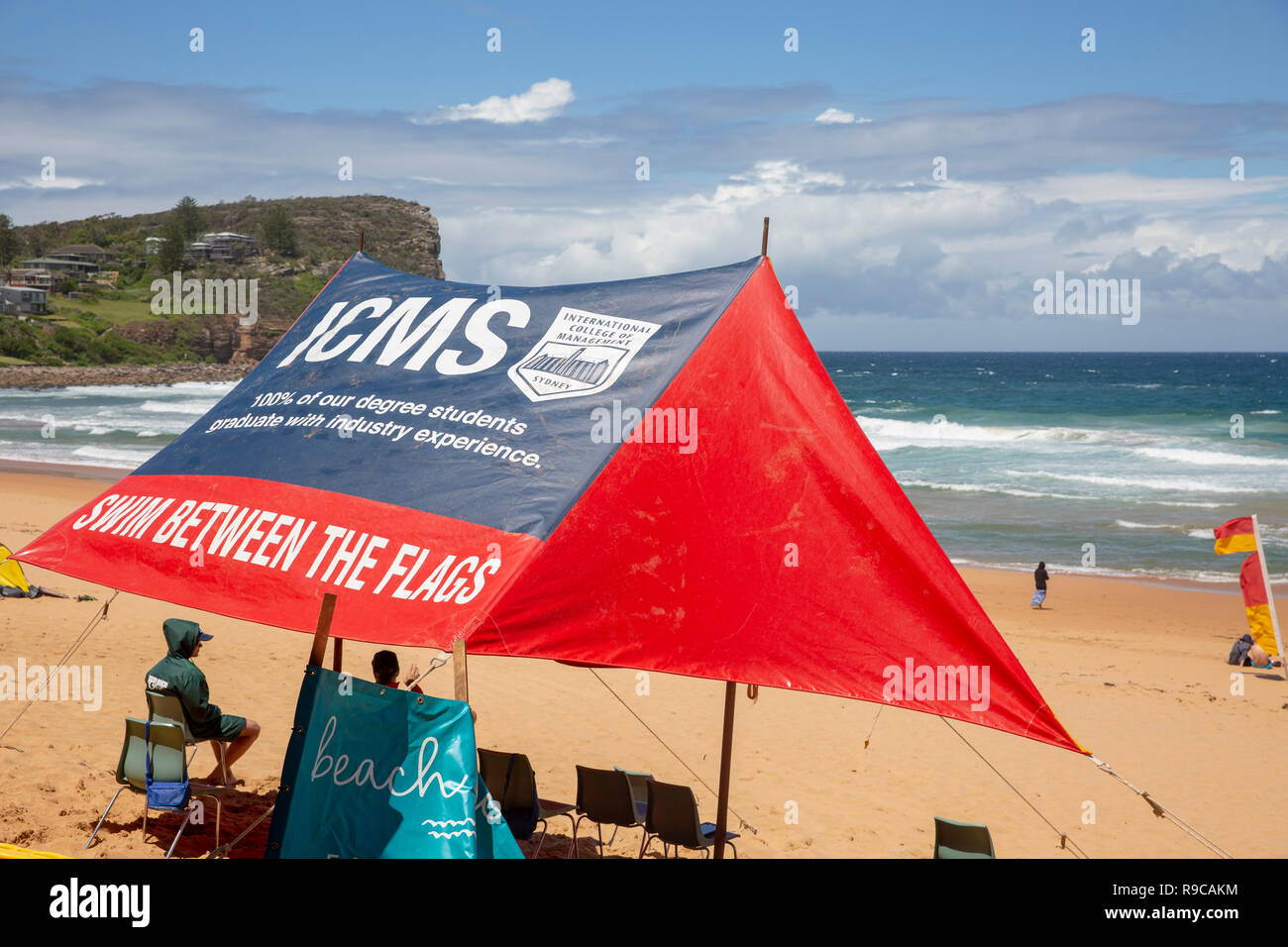 Australian surf rescue lifeguards under a sun shade on Avalon beach,Sydney,Australia Stock Photo