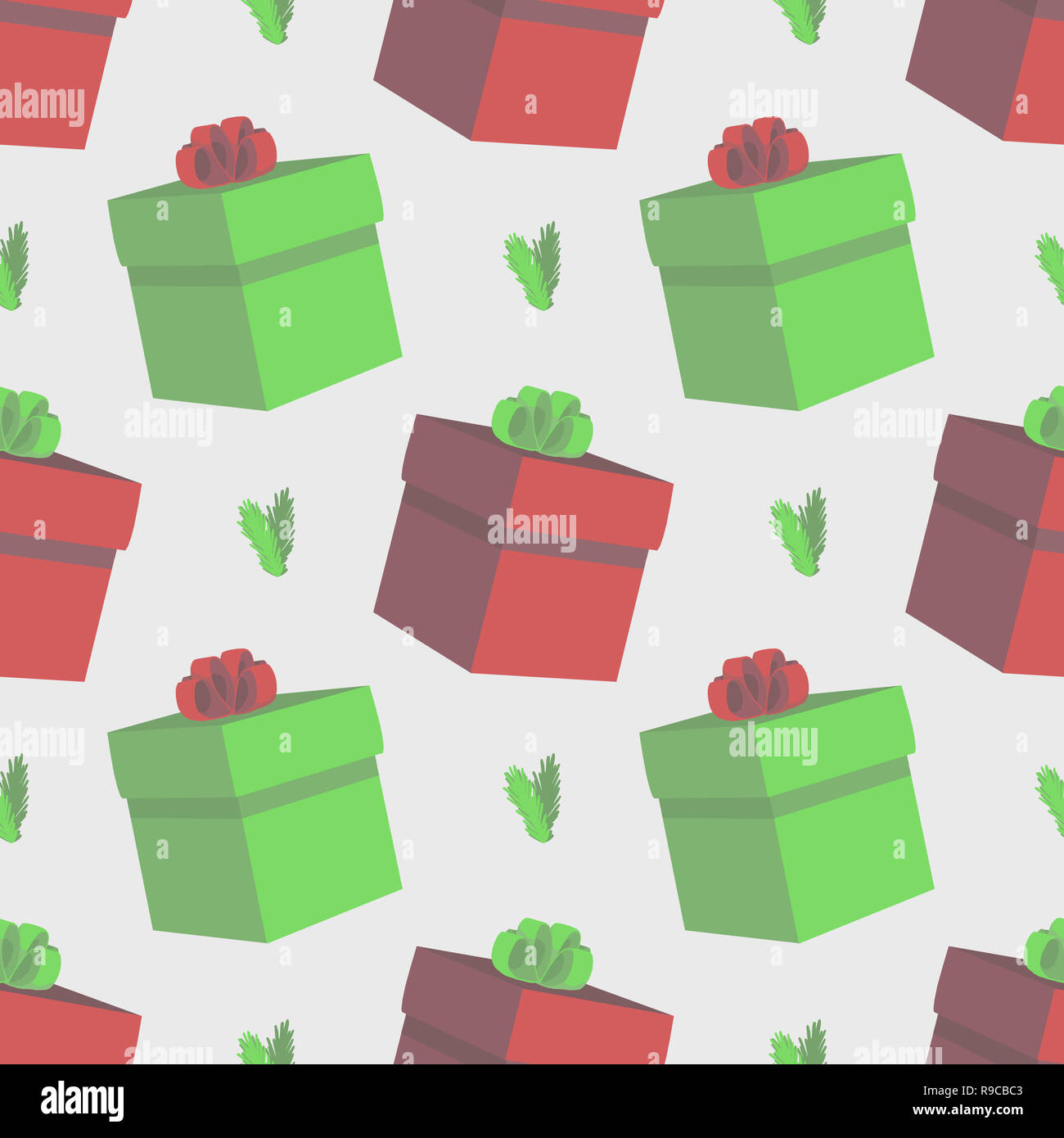 White seamless pattern with green and red christmas gift boxes and fir ...