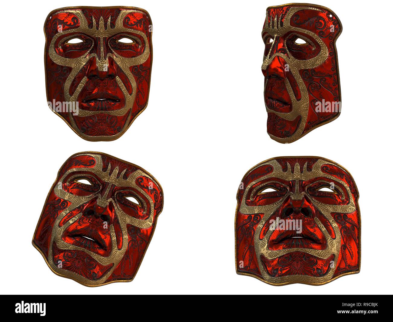 Red iron mask with ornament and gold bevels on an isolated white background. 3d illustration Stock Photo