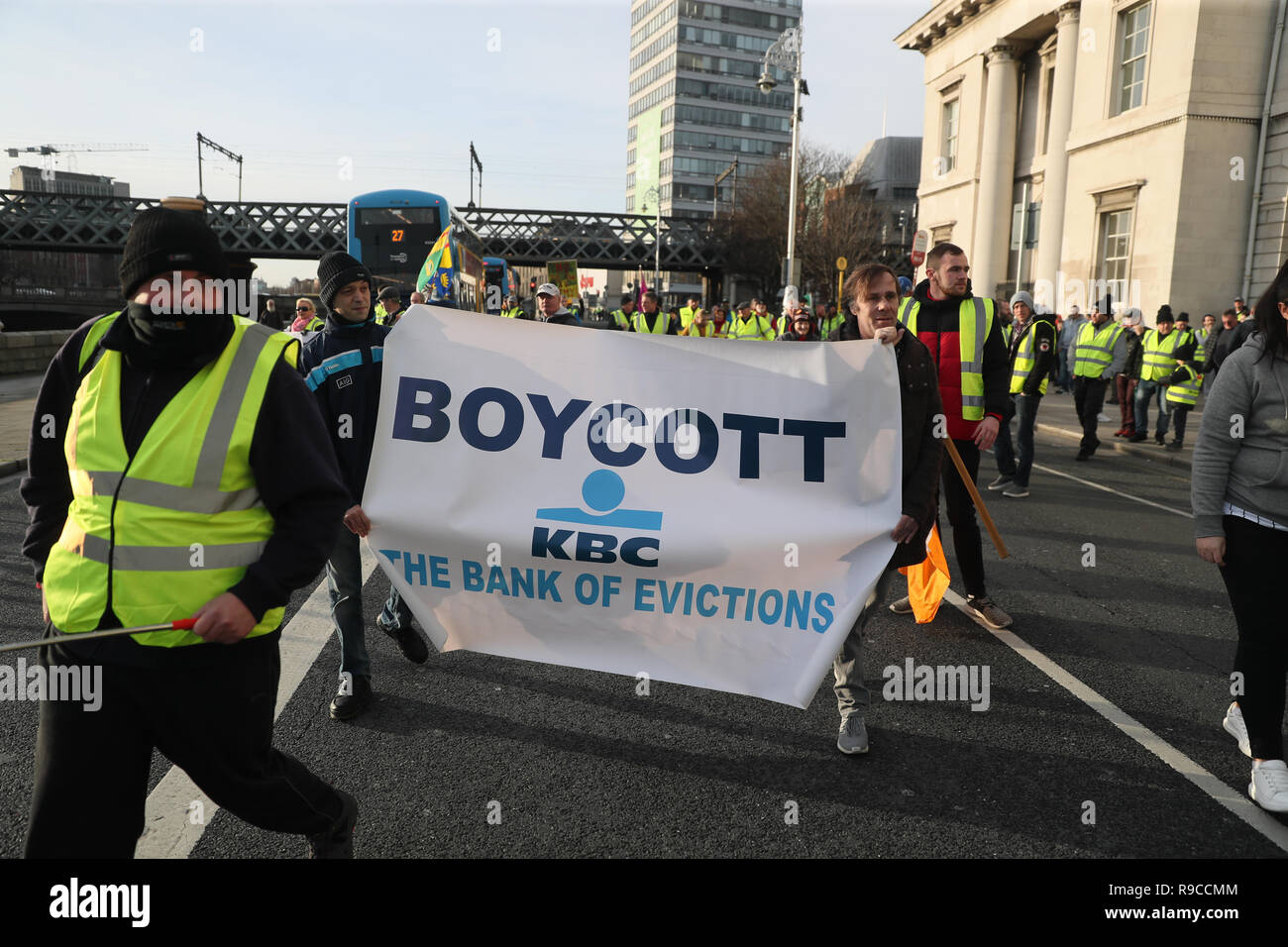Campaigners from Yellow Vest Ireland in Dublin during a demonstration to protest against the Irish government's record on a range of social issues, including the housing crisis and recent evictions. Stock Photo