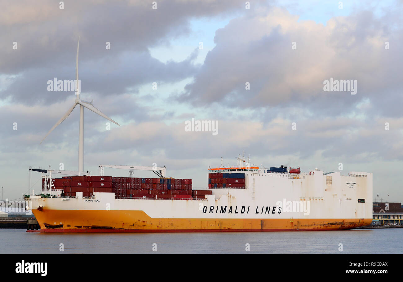 A view of the Grimaldi Lines' Grande Tema docked at the Port of Tilbury, Essex, following special forces storming the ship which was hijacked by migrants off the Kent coast. Stock Photo