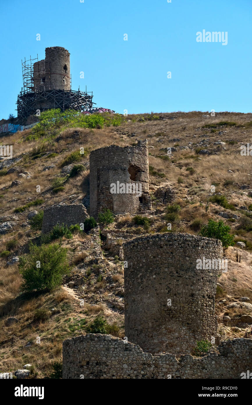 Ruins of Genoese fortress Cembalo in Balaklava harbor, Crimea Stock Photo