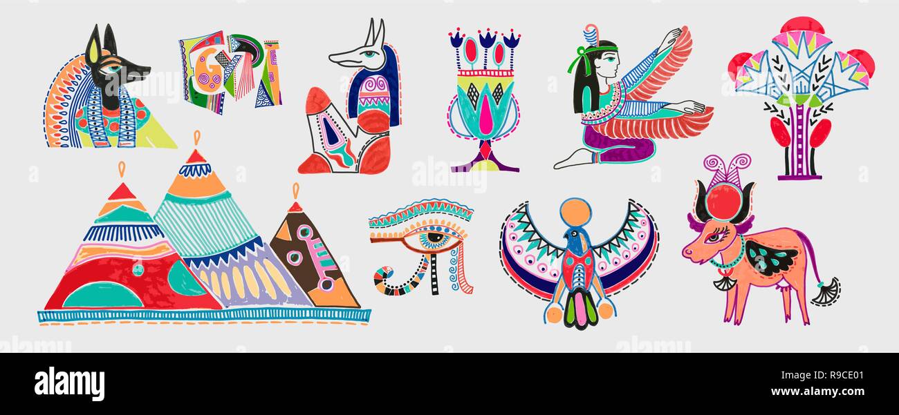 set of marker sketch drawing of egyptian mythological elements Stock Vector