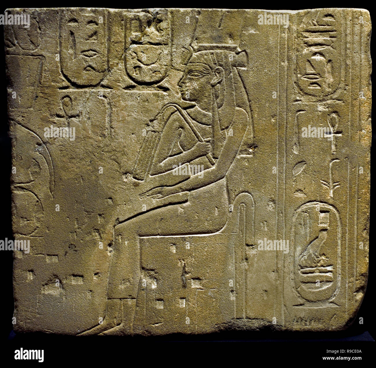 Nitokris ( Daughter of Wahibre Psamtik I, ) Relief Sandstone Dimensions: 49.5 x 45 cm  26th Dynasty Egypt, Egyptian. ( Wahibre Psamtik I, known by the Greeks as Psammeticus or Psammetichus ( 664–610 BC, was the first of three kings of that name of the Saite, or Twenty-sixth Dynasty of Egypt) , Stock Photo