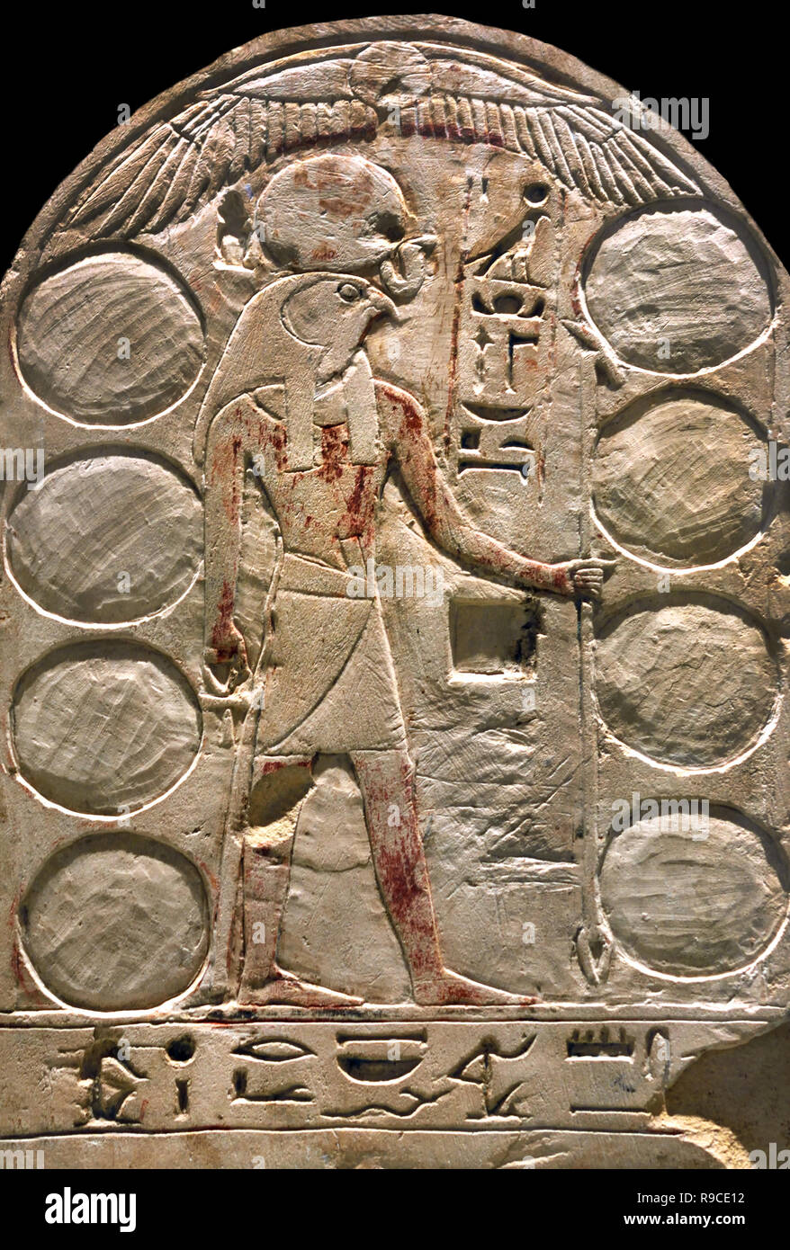 Ra-Horakhty Egyptian deity  Re-Horachte -  Re-Harachte ( Stele of Smen with eight solar disks )  Egypt, Egyptian. Stock Photo