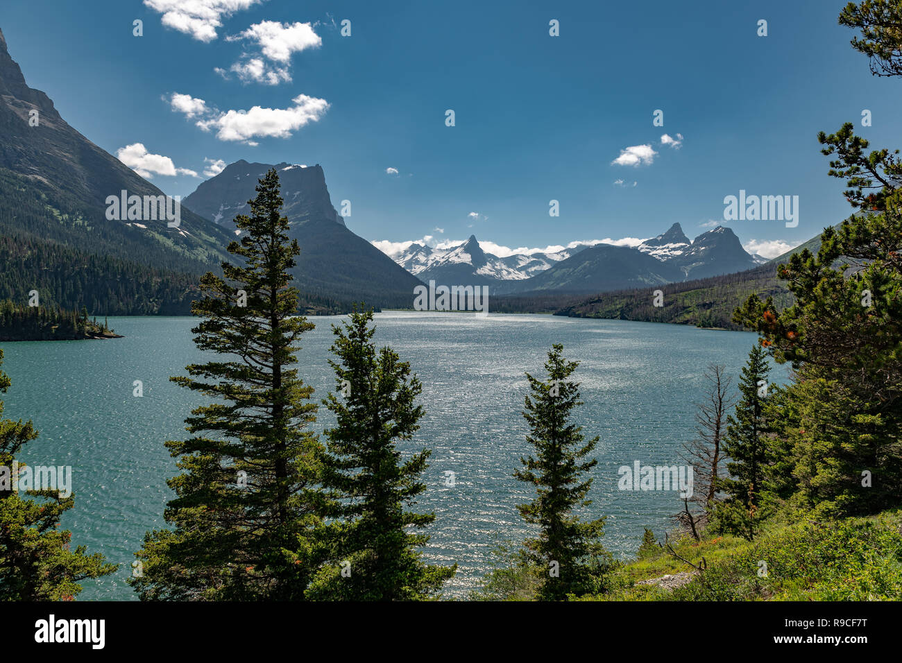 Beautiful landscape view of St Mary Lake in Glacier National Park, Montana, Stock Photo