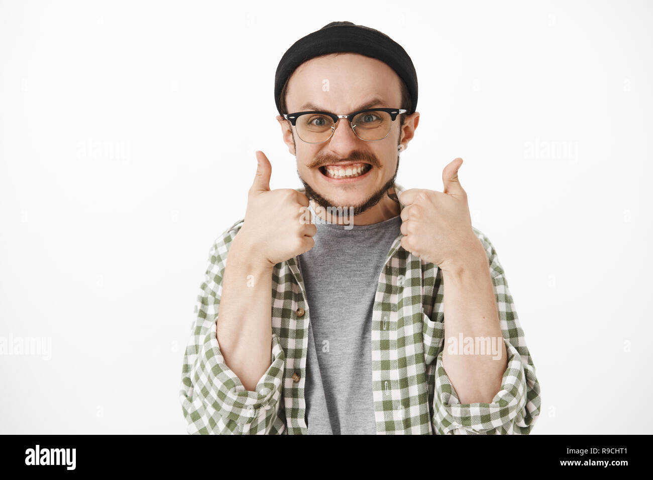 Guy feeling excited saying yes and excepting invitation. Charming