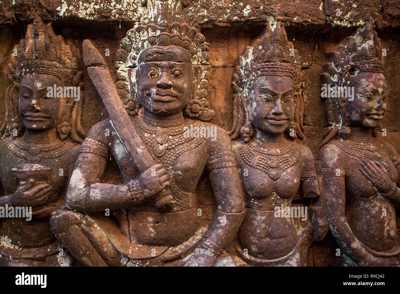 Sandstone bas-relief carvings at Angkor Thom Terrace of Elephants in Siem Reap, Cambodia. Stock Photo