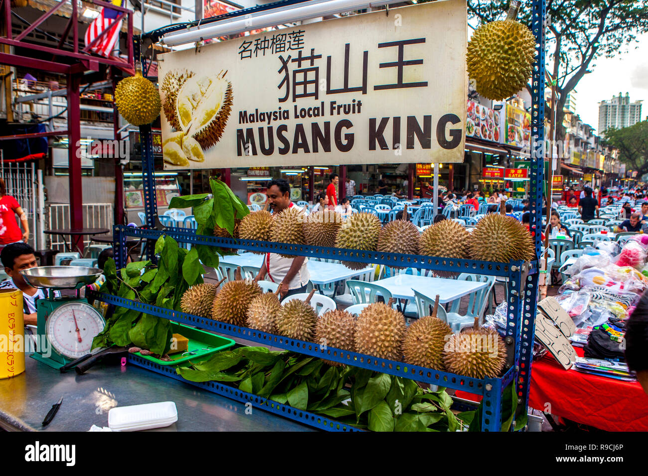 A Durian fruit stand on Jalan Alor, Food Street, in Bukit Bintang, Kuala Lumpur, Malaysia. Stock Photo