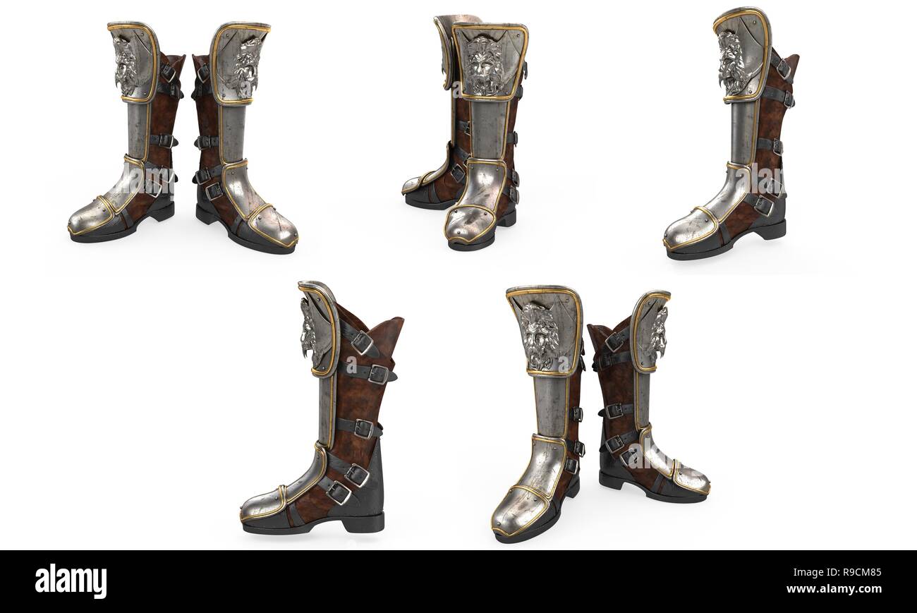 Iron fantasy high boots knight armor isolated on white background. 3d  illustration Stock Photo - Alamy