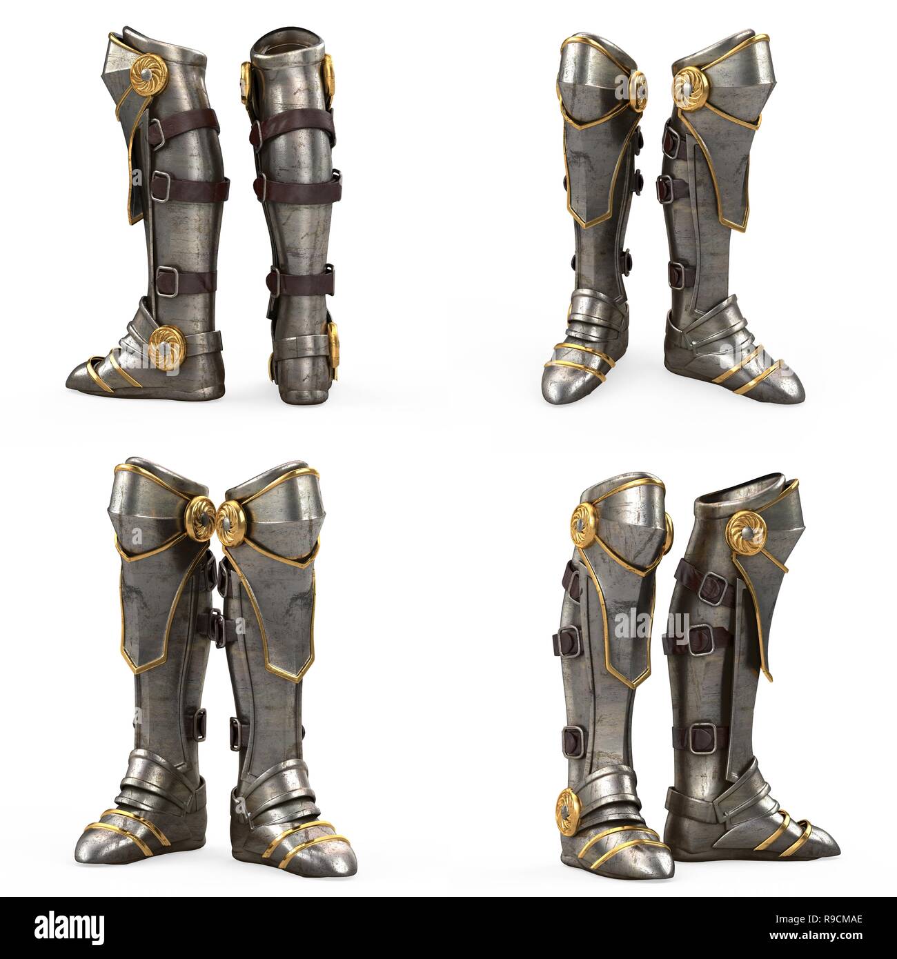 Iron fantasy high boots knight armor isolated on white background. 3d  illustration Stock Photo - Alamy