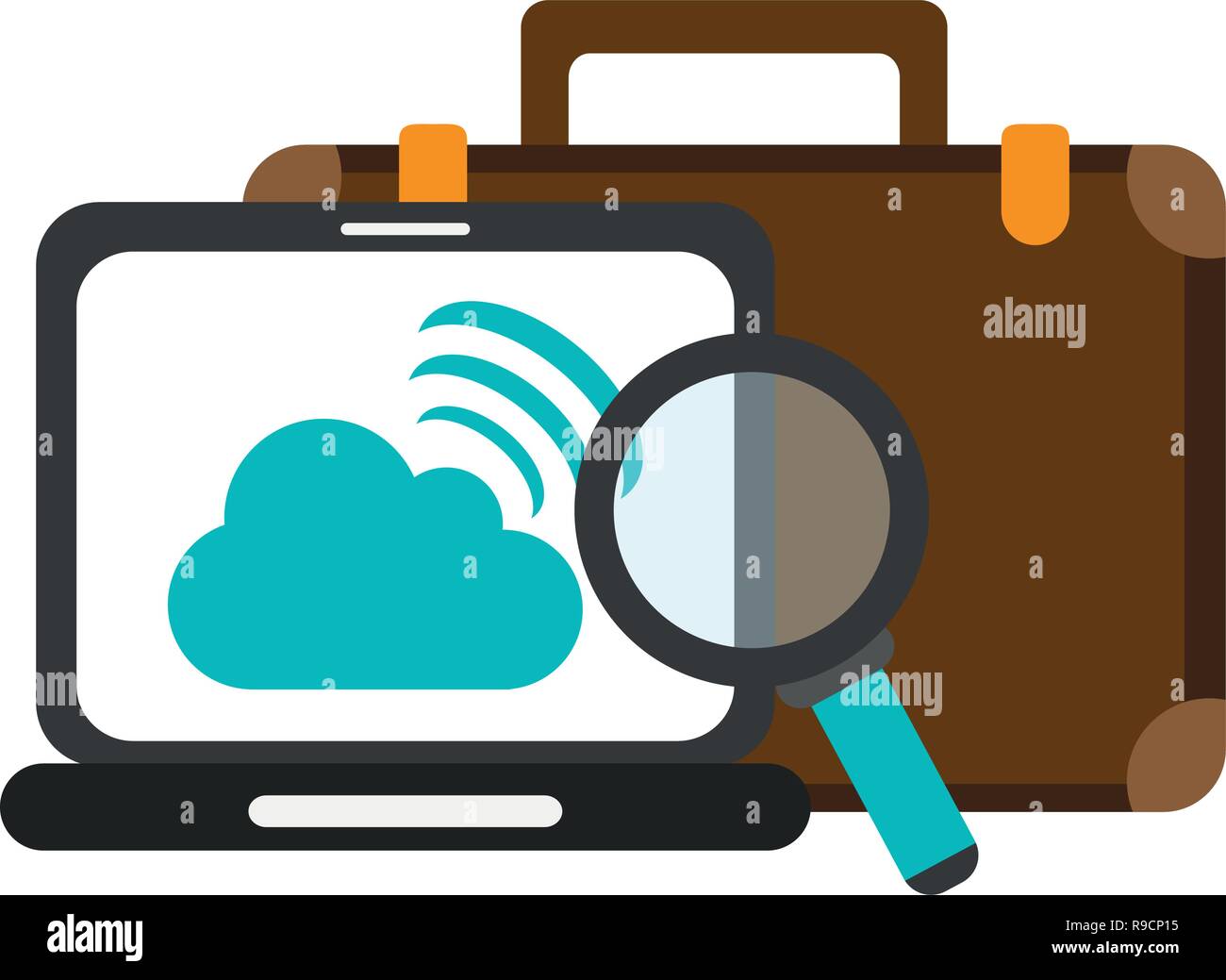 Business briefcase and magnifying glass laptop with cloud computing