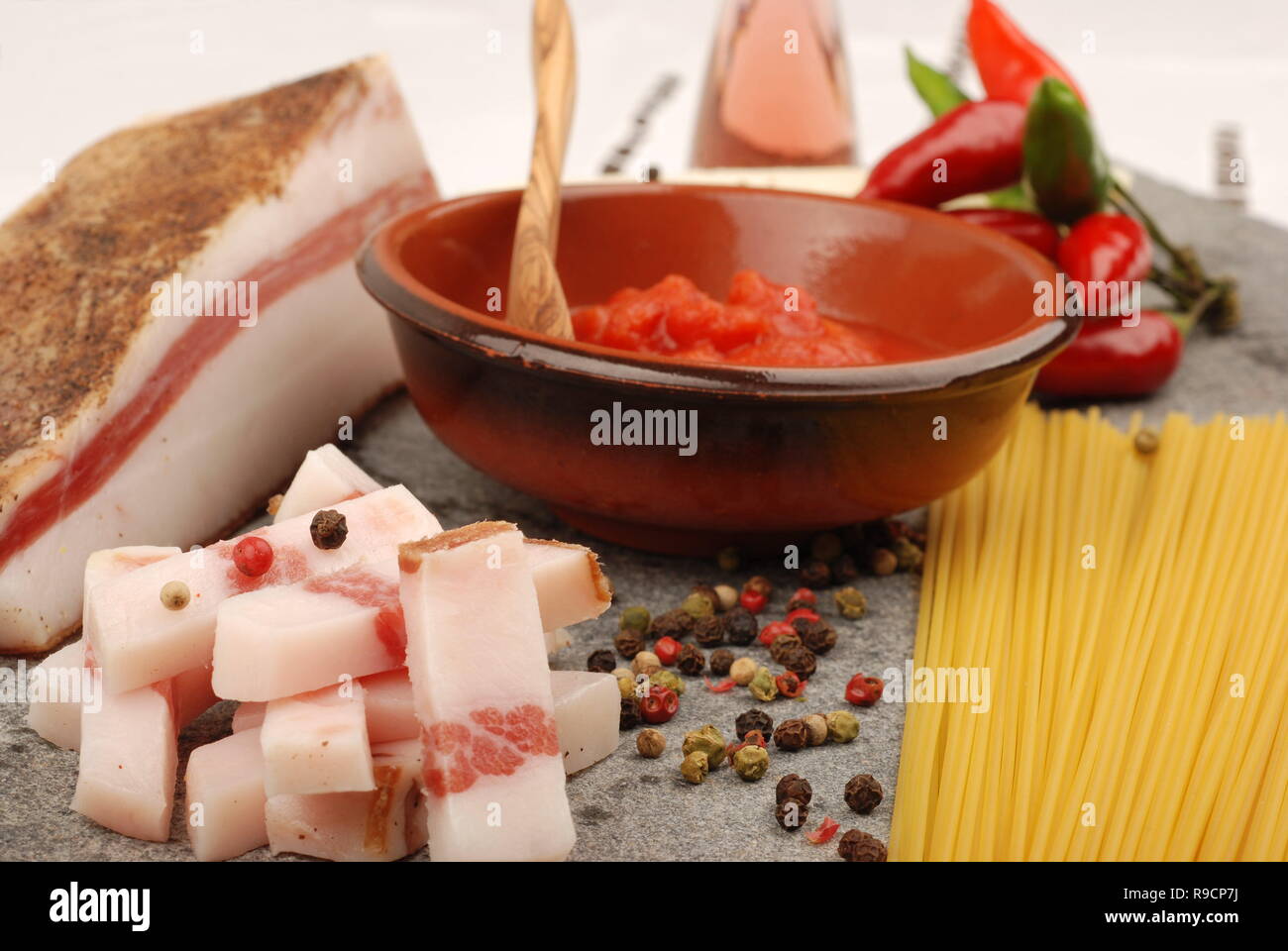 Spaghetti amatriciana with bacon and cheese Stock Photo Alamy