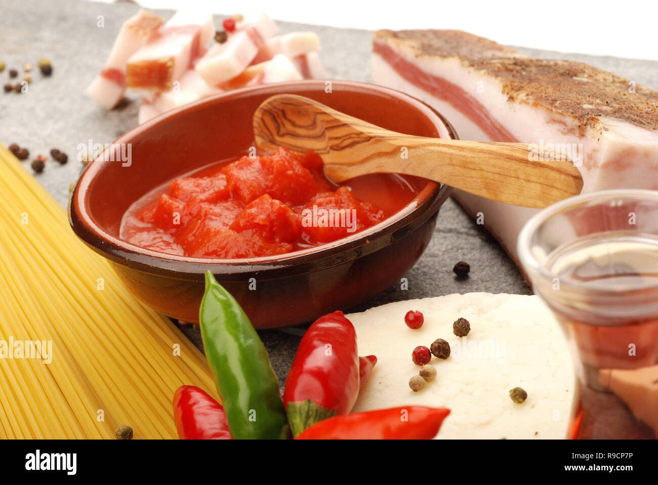 Spaghetti amatriciana with bacon and cheese Stock Photo Alamy