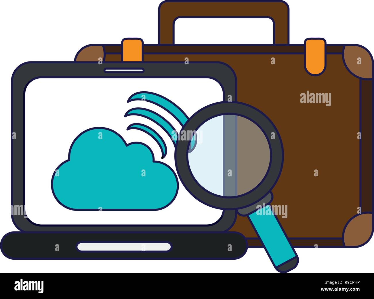 Business briefcase and magnifying glass laptop with cloud computing Stock Vector