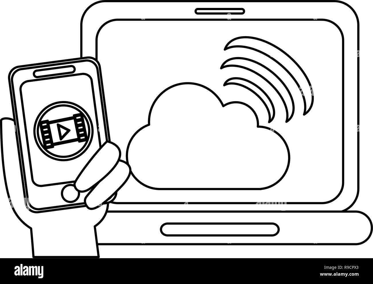 Laptop with cloud computing and smartphone with movie in black and ...