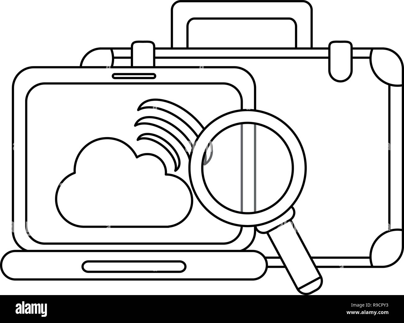 Business briefcase and magnifying glass laptop with cloud computing in ...