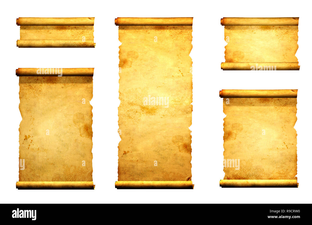 Collection of old parchments. Isolated over white Stock Photo Alamy