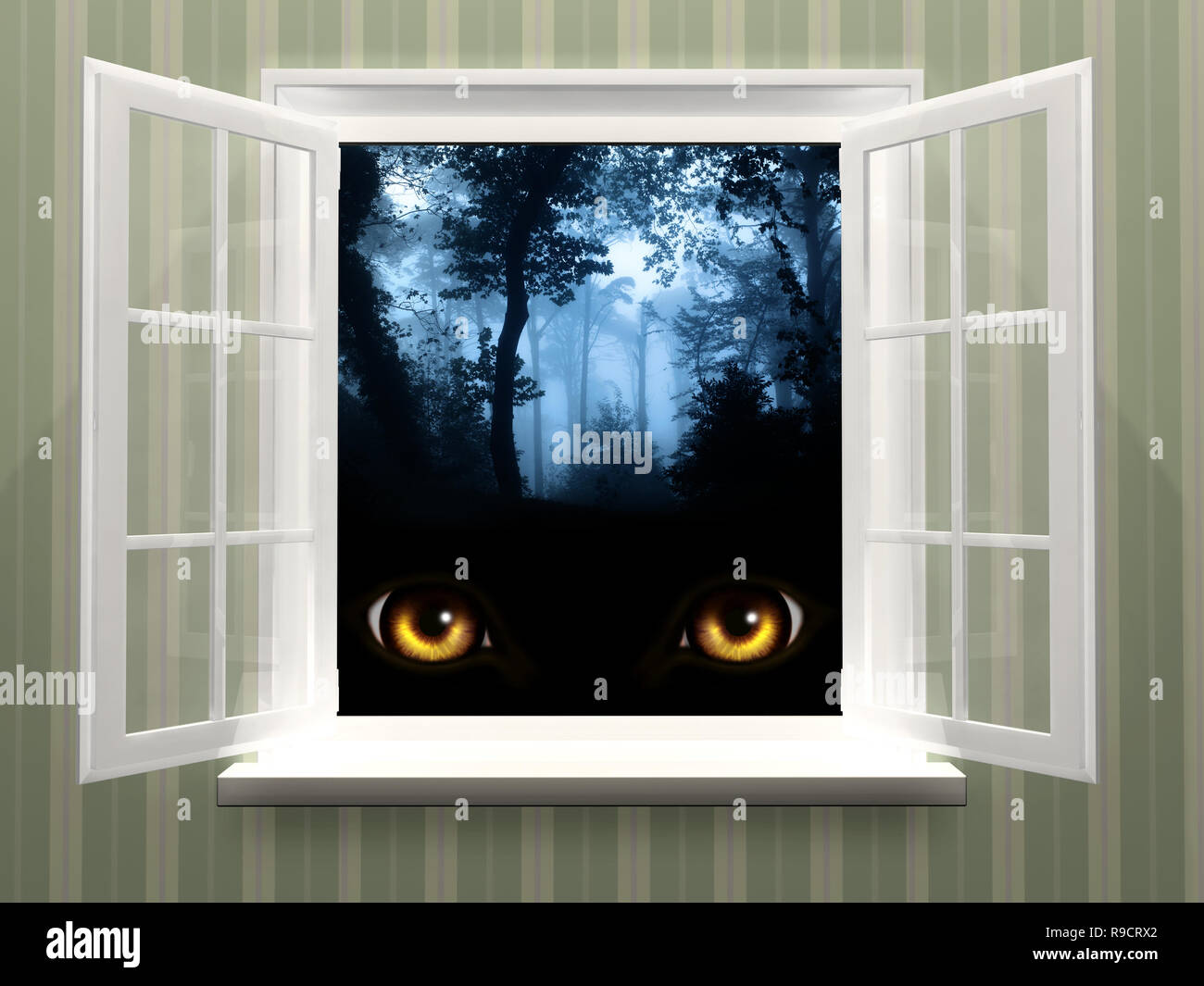 Eyes of monster in open window Stock Photo - Alamy