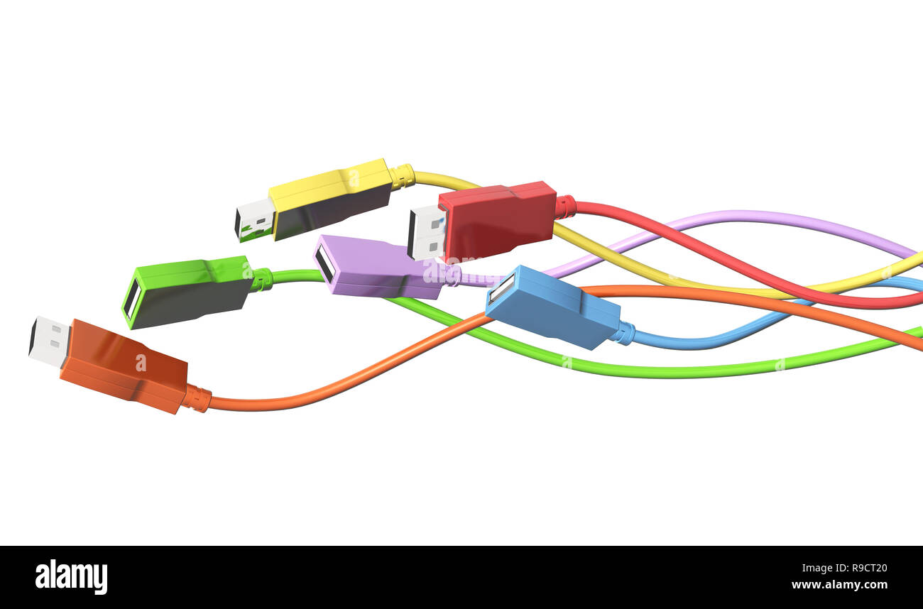 Six USB cables. Isolated on white background Stock Photo