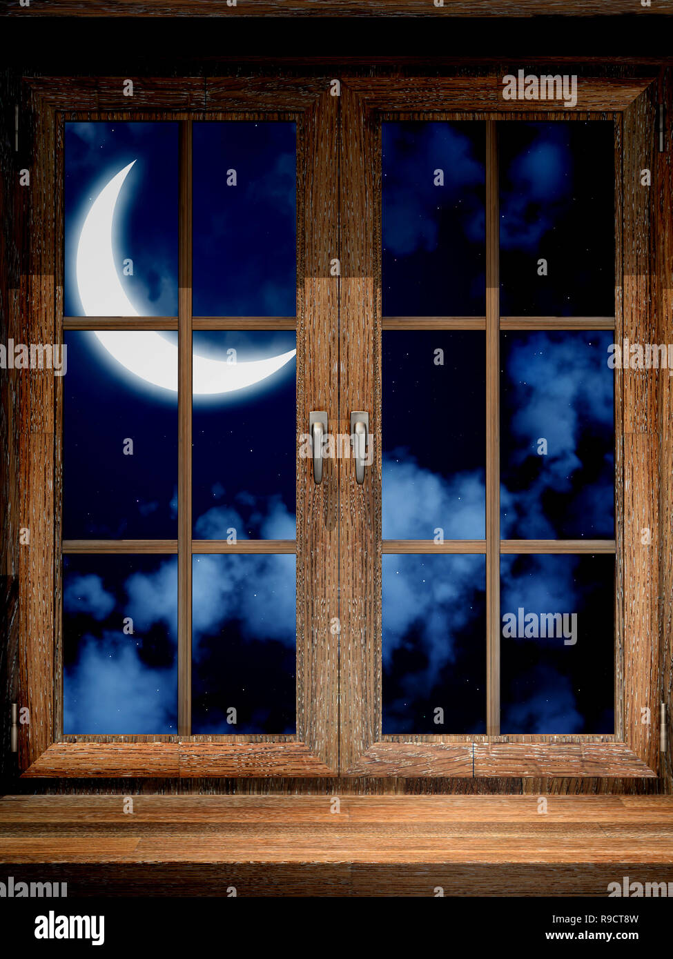Window Moon Real Wooden window and moon Stock Photo - Alamy
