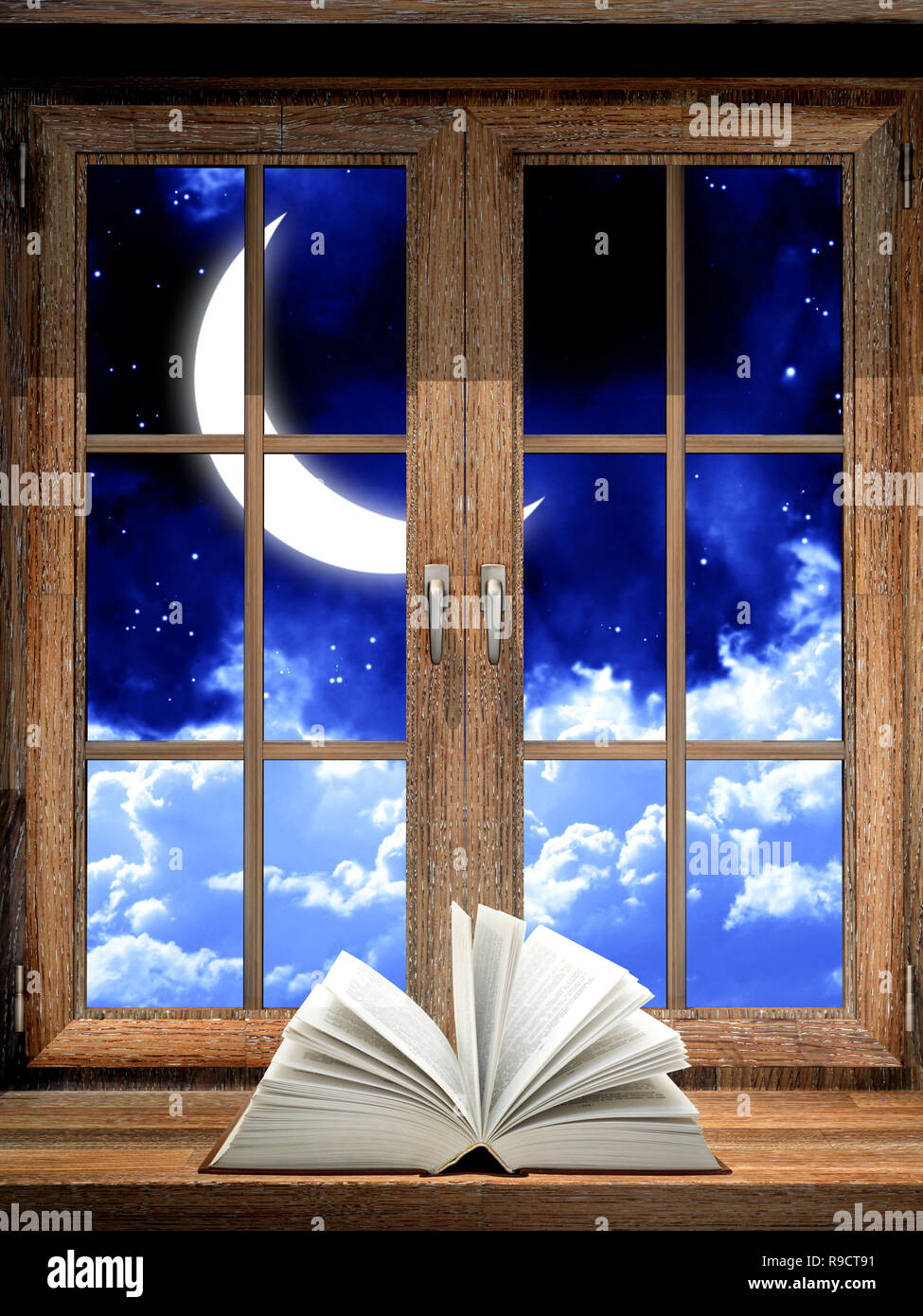 Window Boook Open book on wooden windowsill Stock Photo - Alamy