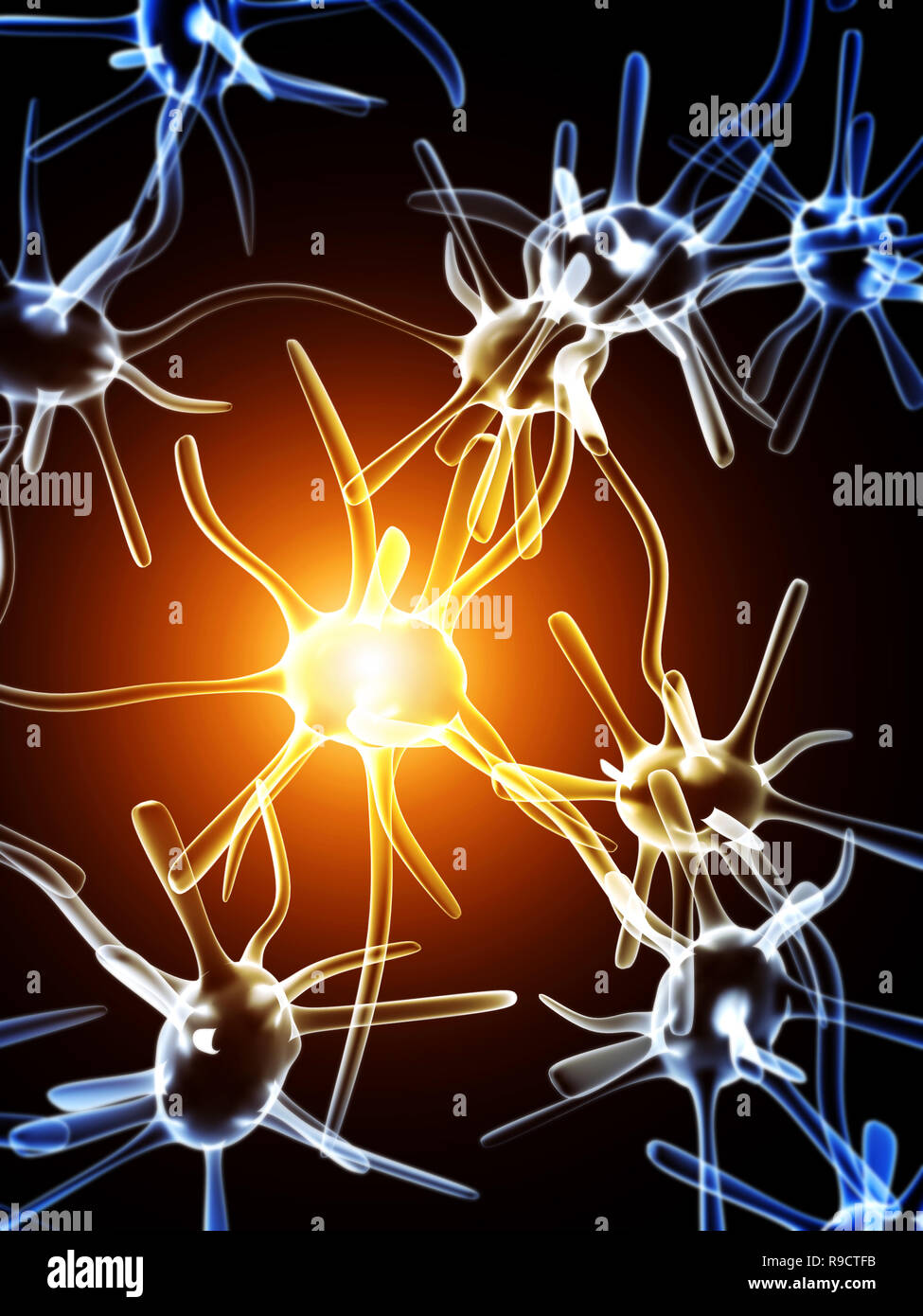 Impulses of neurons. On black background Stock Photo
