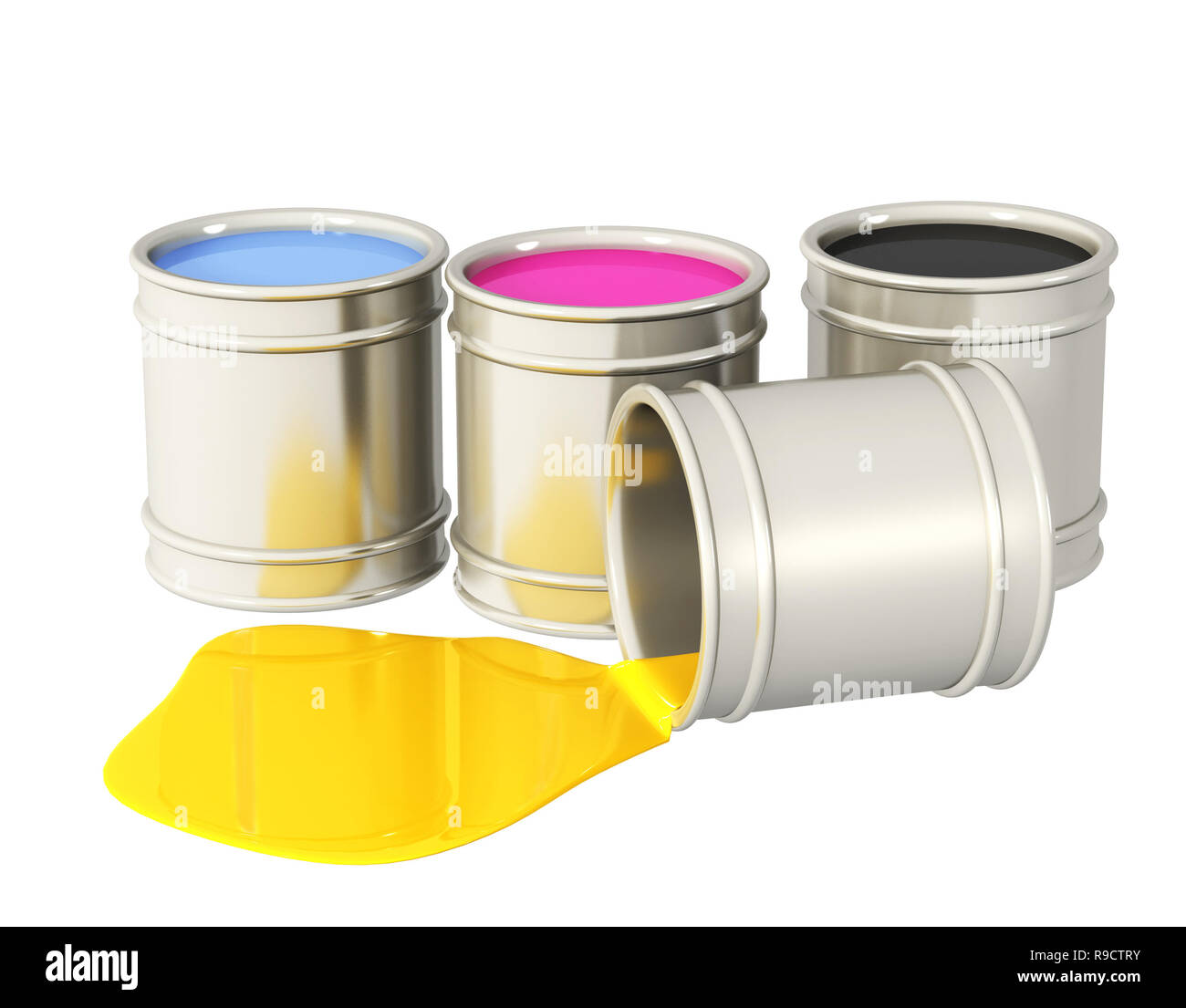 Palette CMYK. Four bucket with paint of magenta, blue, black and yellow